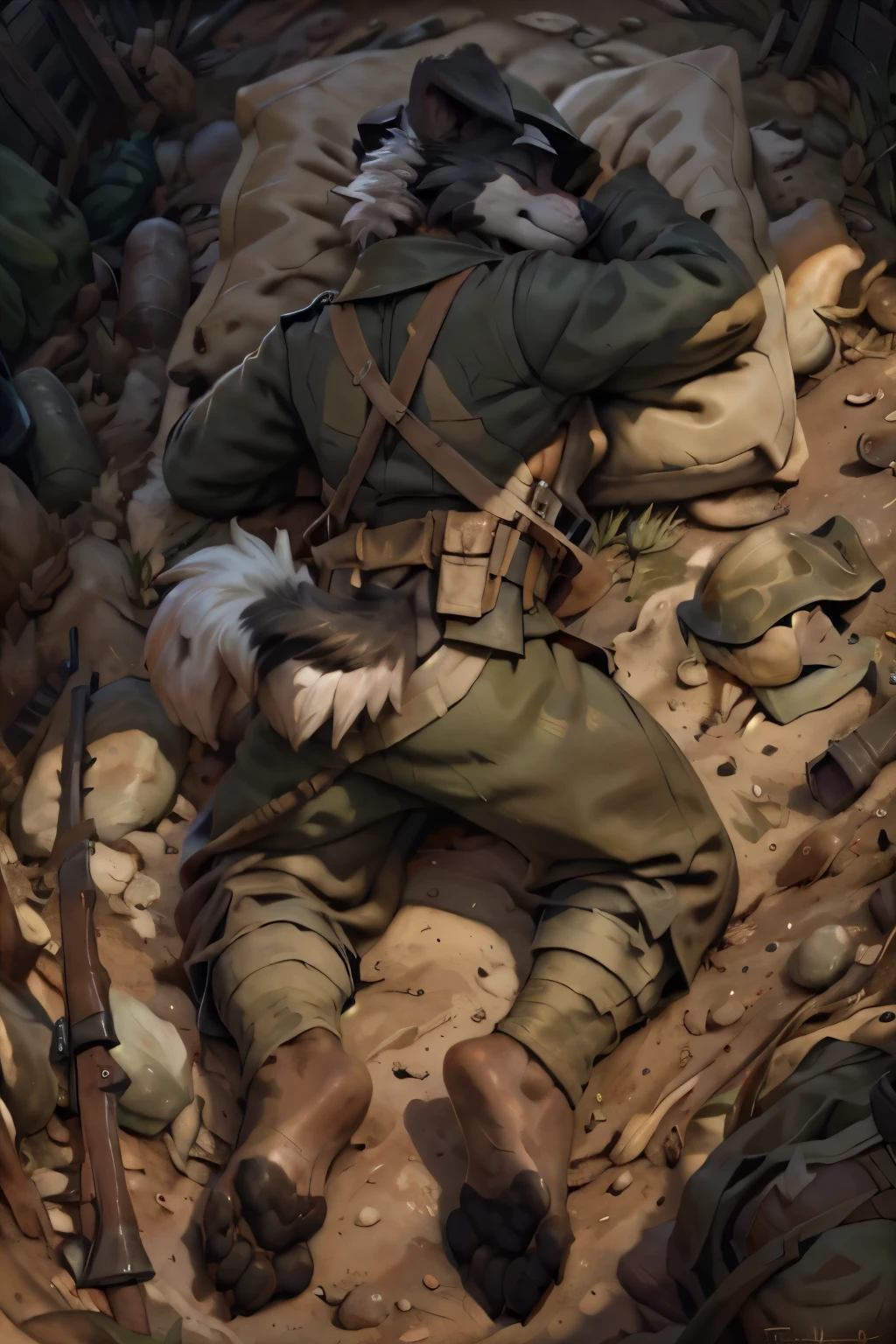 (ultra quality):1.4, color, smooth comics style, (by takemoto arashi, by meesh, by Taran Fiddler), solo:1, (sleeping)) ((blackfeetsoles)) ((black feetsoles)) ((knockout face)) did a border collie in the egnlish soldier uniform without shoes.
He is dead in the trench, lying on the back, closed eyes, tonque stuck out of the mounth, defeated on the floor after a fight, exhausted, closed eyes, tonque out of the mounth , ((feet focus)) fluffy tail. Battlefield (uniform english world war 1)) ((world war 1))  ((ww1)) ((white legs)) ((black pawpads)) (five toes) 5toes, 5finger  ((floppy ears)) ((Border collie)) (white pawsole)
