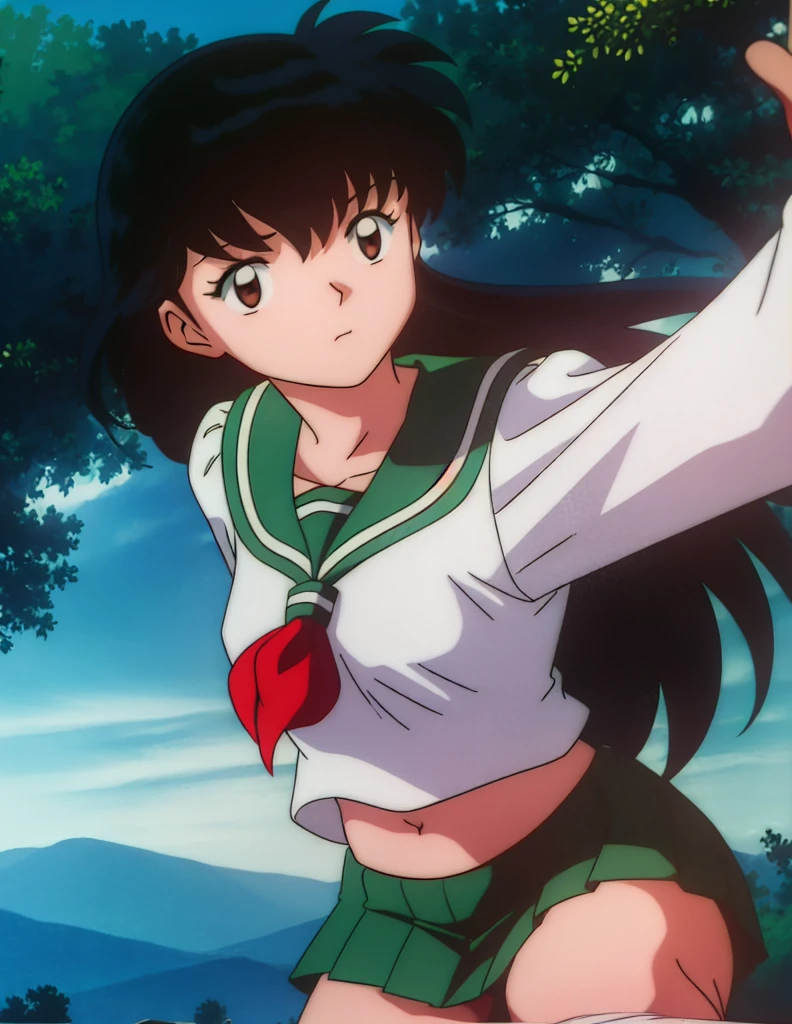 1girl, solo, outdoors, long hair, brown eyes, school uniform,(Masterpiece: 1.6, Best Quality), (Fine Beautiful Eyes: 1.2), (best quality, masterpiece, higher), green school uniform, soft thighs , long sleeves, white socks, scenery , Best Quality, ((anime)) ((Colored)) HD, Kagome Higurashi ,school uniforms, Standing, Green skirt, Red scarf, long hair, Black hair between the eyes, Thighs are soft, school background , black hair, skirt ,standing, green skirt, serafuku, belly button, stretching, both arms up high, looking down, looking at belly button, dancing