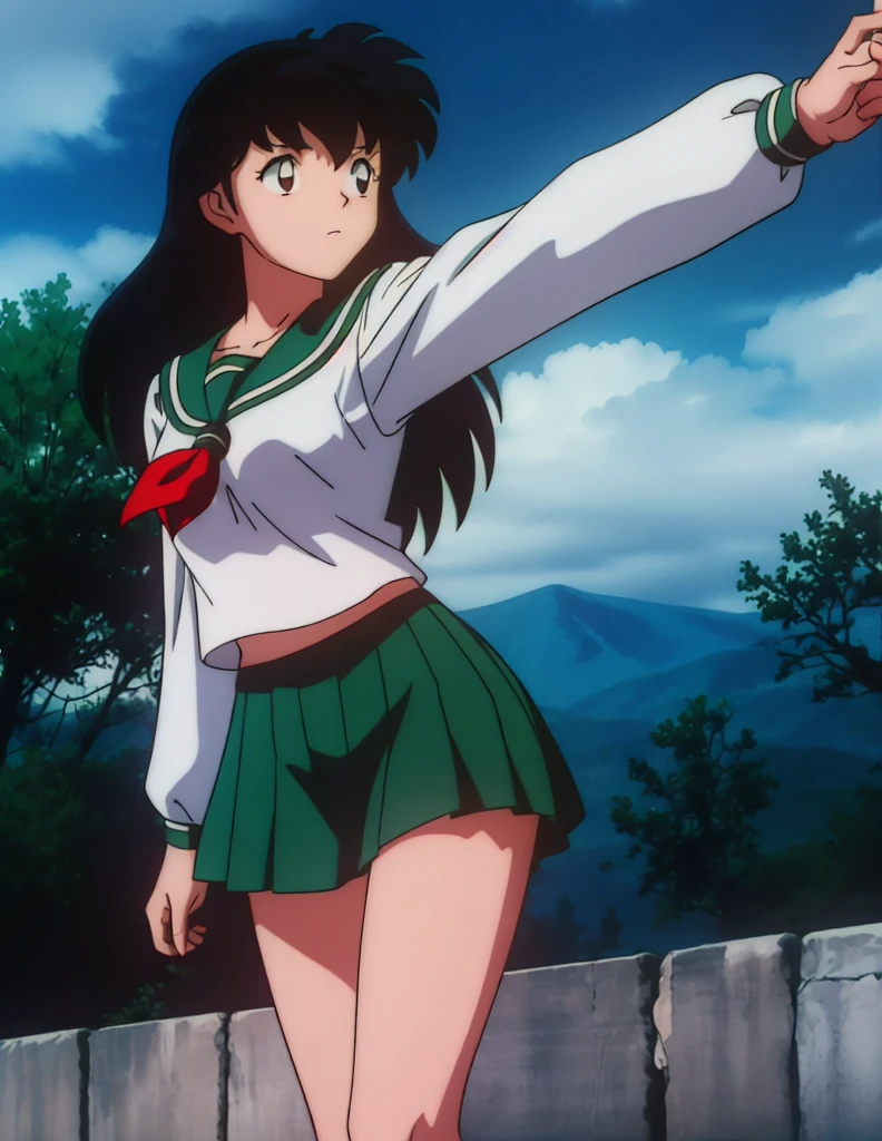 1girl, solo, outdoors, long hair, brown eyes, school uniform,(Masterpiece: 1.6, Best Quality), (Fine Beautiful Eyes: 1.2), (best quality, masterpiece, higher), green school uniform, soft thighs , long sleeves, white socks, scenery , Best Quality, ((anime)) ((Colored)) HD, Kagome Higurashi ,school uniforms, Standing, Green skirt, Red scarf, long hair, Black hair between the eyes, Thighs are soft, school background , black hair, skirt ,standing, green skirt, serafuku, belly button, stretching, both arms up high, looking down, looking at belly button, dancing