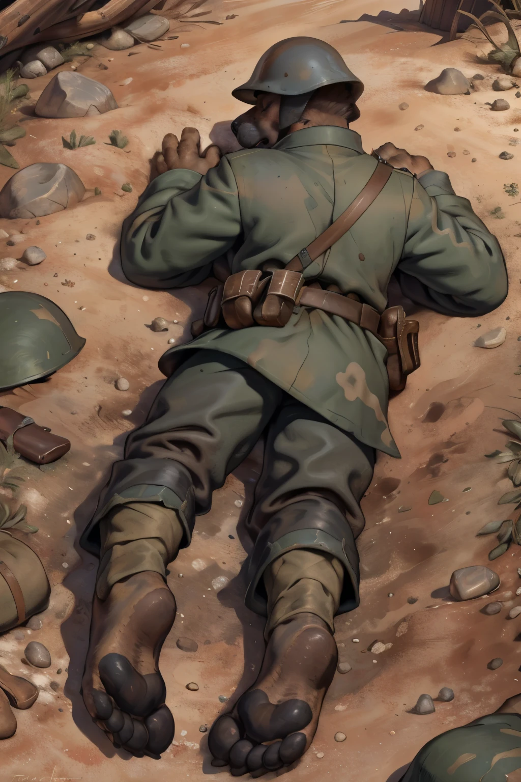 (ultra quality):1.4, color, smooth comics style, (by takemoto arashi, by meesh, by Taran Fiddler), solo:1, (sleeping)) ((blackfeetsoles)) ((black feetsoles)) ((knockout face)) did a german shephard in the german soldier uniform without shoes.
He is dead in the trench, lying on the back, closed eyes, tonque stuck out of the mounth, defeated on the floor after a fight, exhausted, closed eyes, tonque out of the mounth , ((feet focus)) fluffy tail. Battlefield (uniform germans world war 1)) ((world war 1))  ((ww1)) ((black feetsoles)) ((black pawpads)) (five toes) 5toes, 5finger 
