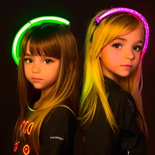 halo de NEON luminoso, there are two HILDREN GIRLS WITH BLONDE HAIR in front of a ring of fire,