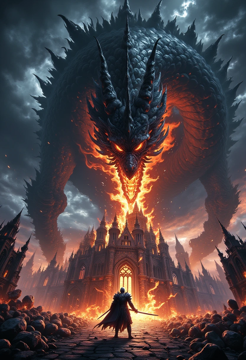 A realistic colossal dragon made of swirling gray and black smoke, mixed with fiery explosions, emerges from a dark stormy sky. The dragon has menacing red eyes and sharp fangs, its mouth wide open as it roars, spewing embers and flames. Below, an ancient gothic castle stands defensively against the dragon’s onslaught, with towers crumbling and walls engulfed in fire. The ground is scattered with debris, and a lone knight in dark armor, wielding a glowing sword, faces the dragon bravely. The atmosphere is apocalyptic, with dark clouds and flames illuminating the scene in shades of red and orange, creating a sense of imminent doom and fierce battle.