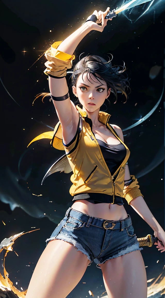 Woman, fight pose, Baddas stare,Hold a yellow sword with a yellow lightning emblem, yellow short wispy Pixie hair, yellow eyes, yellow short shirt, black hotpants jeans, black Jacket sweater ,In the middle of the shirt there is an omega symbol,HD lighting and dark )<=(epic image quality)dark atmosphere with bright particle light(many effects in background)