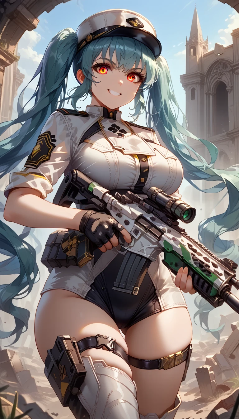 1girl, privatydef, NIKKE, ((masterpiece)), (best quality), (highres), 16K, yellow eyes, perfect face, long hair, aqua hair, twintails, army cap, wearing tactical clothes, wearing black panties, fingerless gloves, single glove, belt, thigh strap, thigh boots, busty body, large breasts and a beautiful ass, showcasing cleavage, legs, hips, looking at viewer, holding weapon, holding assault rifle, smiling, detailed full body, thigh details, ruins background,