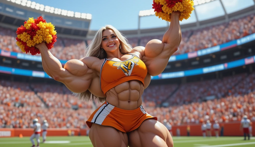 ((Close-up)), tall, (yellow hair) beautiful muscular woman, long flowing hair, brown skinned, closed smile, large breast, (black lipstick), (massive muscles), (hyper muscle), ((ginormous bulky muscles)), gray eyes, ((yellow football Jersey)), (football jersey pants), choker, boots, in a football field at night,