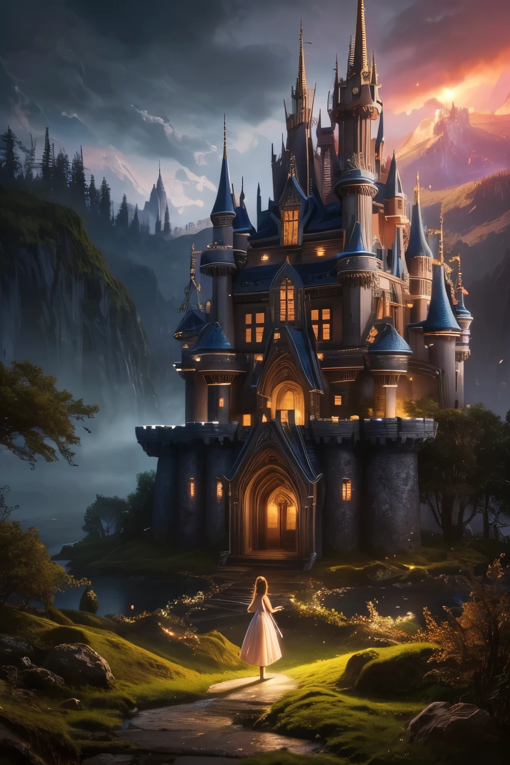 A dreamlike fantasy landscape, a surreal forest with glowing mushrooms, floating islands, and a whimsical castle in the distance, 1girl, detailed face, beautiful eyes, long hair, detailed dress, walking through the mystical scenery, (best quality,4k,8k,highres,masterpiece:1.2),ultra-detailed,(realistic,photorealistic,photo-realistic:1.37),fantasy,surreal,dreamscape,magical,ethereal,glowing,vibrant colors,dramatic lighting