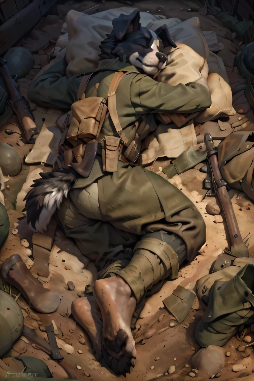 (ultra quality):1.4, color, smooth comics style, (by takemoto arashi, by meesh, by Taran Fiddler), solo:1, (sleeping)) ((blackfeetsoles)) ((black feetsoles)) ((knockout face)) did a border collie in the egnlish soldier uniform without shoes.
He is dead in the trench, lying on the back, closed eyes, tonque stuck out of the mounth, defeated on the floor after a fight, exhausted, closed eyes, tonque out of the mounth , ((feet focus)) fluffy tail. Battlefield (uniform english world war 1)) ((world war 1))  ((ww1)) ((white legs)) ((black pawpads)) (four toes) 4toes, 5finger  ((floppy ears)) ((Border collie)) (white pawsole) (feral feet) 
