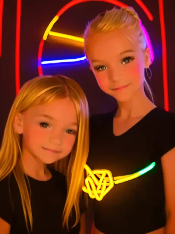 halo de NEON luminoso, there are two HILDREN GIRLS WITH BLONDE HAIR in front of a ring of fire,