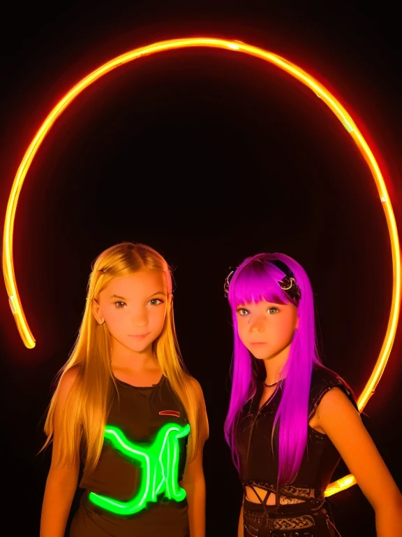 halo de NEON luminoso, there are two HILDREN GIRLS WITH BLONDE HAIR in front of a ring of fire,