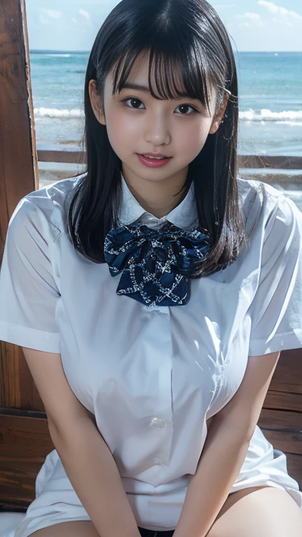 (Highest quality、Tabletop、、Best image quality、Award-winning works)、Cute school girl、けたWhite polyester collared shirt、Short sleeve:1.4)、(Navy Pleated Skirt:1.1)、Portrait of、Glowing Skin、Brown Hair、Are standing、Sculpture Pose、(The simplest pure white background:1.1)、(Extremely large face and larger breasts:1.8)、Accentuate your body lines:1.1)、Very large red ribbon tie、((High point ponytail:1.35))、smile、((naked))