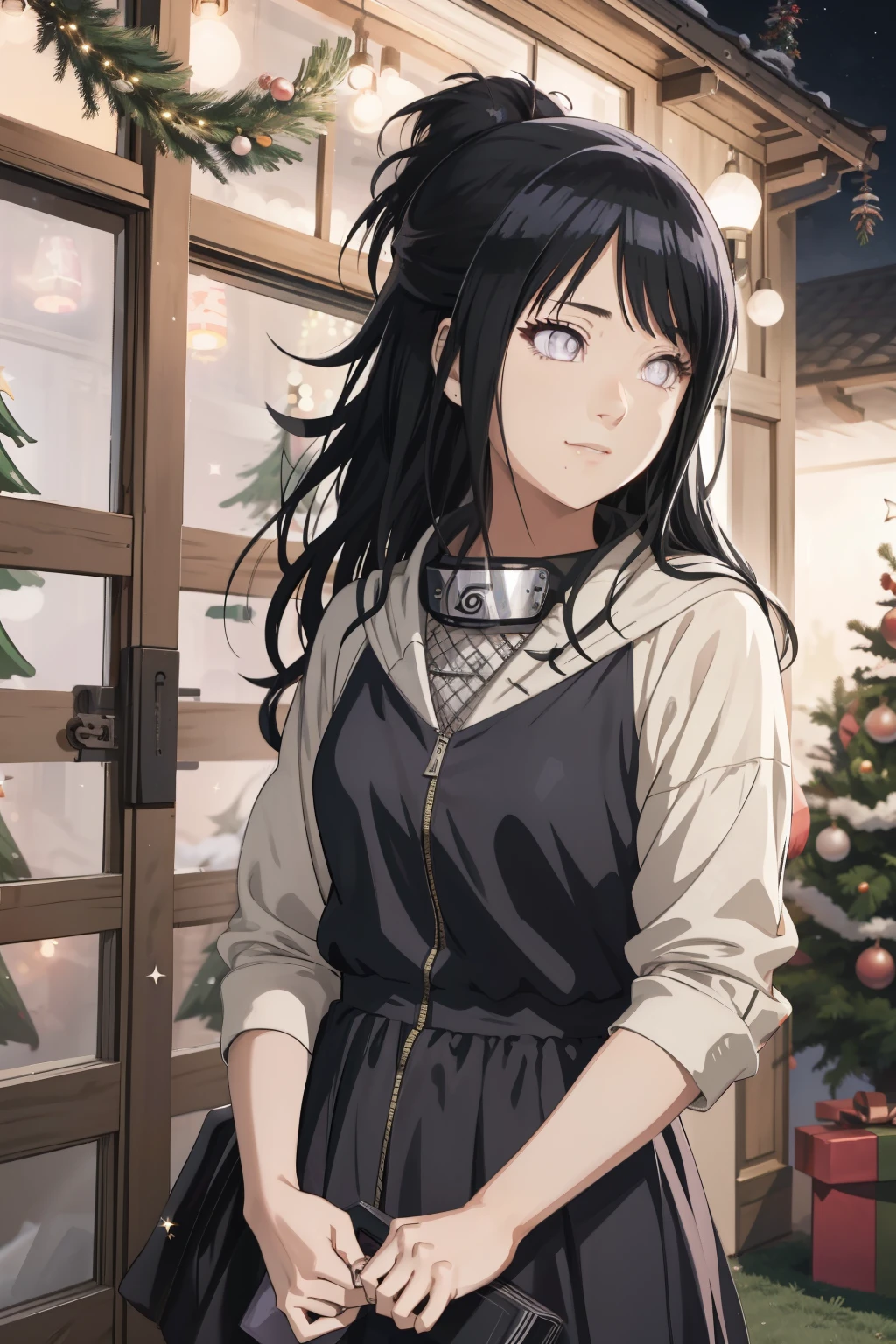 an hiperealistic shot of hinata(shippuden), ((hiori kazano)), idolmaster, Detailed eyes,  long hair, ponytail, half updo, hair ornament,, (sweet woman), manwha style, happy, smilling, princess dress, christmas lights, christmas pine trees, big eyebrown, pair of earnings