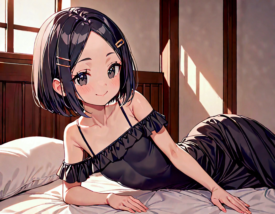 (masterpiece)(best quality)(ultra detailed)(high resolution),solo  girl, black hair short hair, bob cut, (forehead:1.2)(hairpin in center parted bangs:1.2), black eyes, slender body, medium hip, smile, jet black dress off shoulder dress, long skirt tight skirt, upper body above knees, cute exposed lewd erotic, relaxing on bed, pose of looking front, indoors,