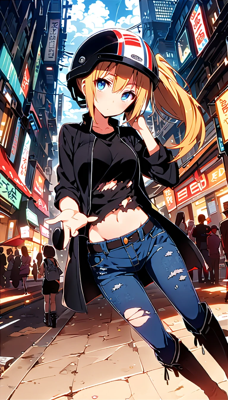 zzzlucy、A girl about 、 blond hair、 side ponytail ,  with red fox eyes, ソロ
rest (Motocycle helmet 、 black jacket 、 Long Sleeve 、 open jacket 、Half Gloves、Black Shirt、Crop tops、Mid-Fifth、Black shorts、 denim pants 、 High Heel Boots 、Knee Boots、 torn shirt :1.4)
rest outdoors, city, null, cloud, sun, architecture, crowd, people々, alley,
rest looking at viewer, ( cowboy shooting :1.5),
rest (masterpiece:1.2), Best Quality,  high definition,  unity 8k Wallpaper , (Illustration:0.8), (beautiful deふとももed eyes:1.6), extremely deふとももed face, perfect lighting, extremely deふとももed CG, (Perfect hands,  perfect anatomical structure),