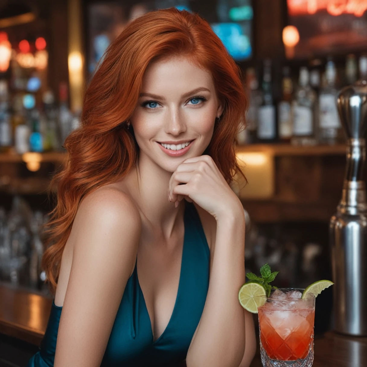 Elena Fernades, fiery red haired model, with light blue eyes sitting at a bar at the stand, you see the sea and drink cocktail and smile. photographic, ultra real. Photo 480 x 768