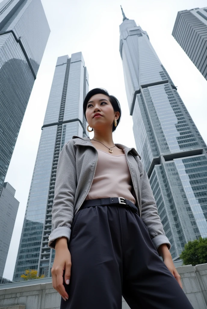 a low angle view of a lady, short hair, in high-fashion yellow outfits, standing smartly and confidently in the middle of a futuristic big metropolitan city scene, future and modern lifestyle, high technology, future concept, stunning beautiful future photography