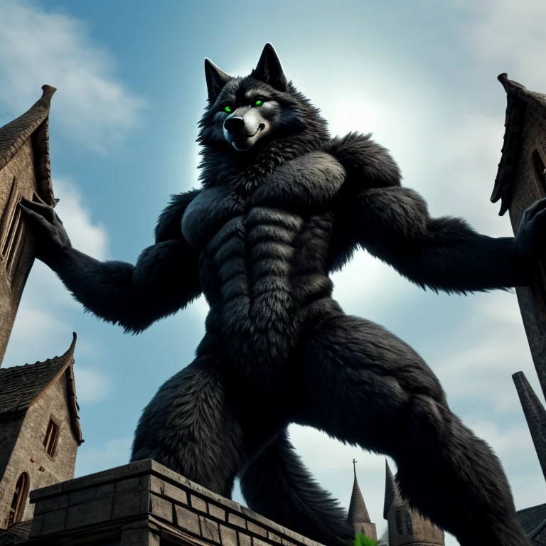 a colossal 20 meter large humanoid wolf, detailed black fur, green eyes, wolf head, wolf tail, heroic attractive pose, seductive face, leaning, towering over village, low-angle shot, best quality