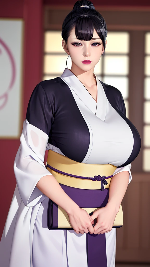 (（（figure，御姐figure,White and tender skin,（（（purple_Kimono,sash, shouji, shrine,japanese_clothes，）））,(（（black hair,Side bangs，Hair bun,lipstick,bangs,Black eyes,））),，((masterpiece)), highres ,((Best quality at best)),masterpiece,quality,Best quality,(（（  to the audience,Light in the eyes）））,Huge breasts,苗条figure,）））