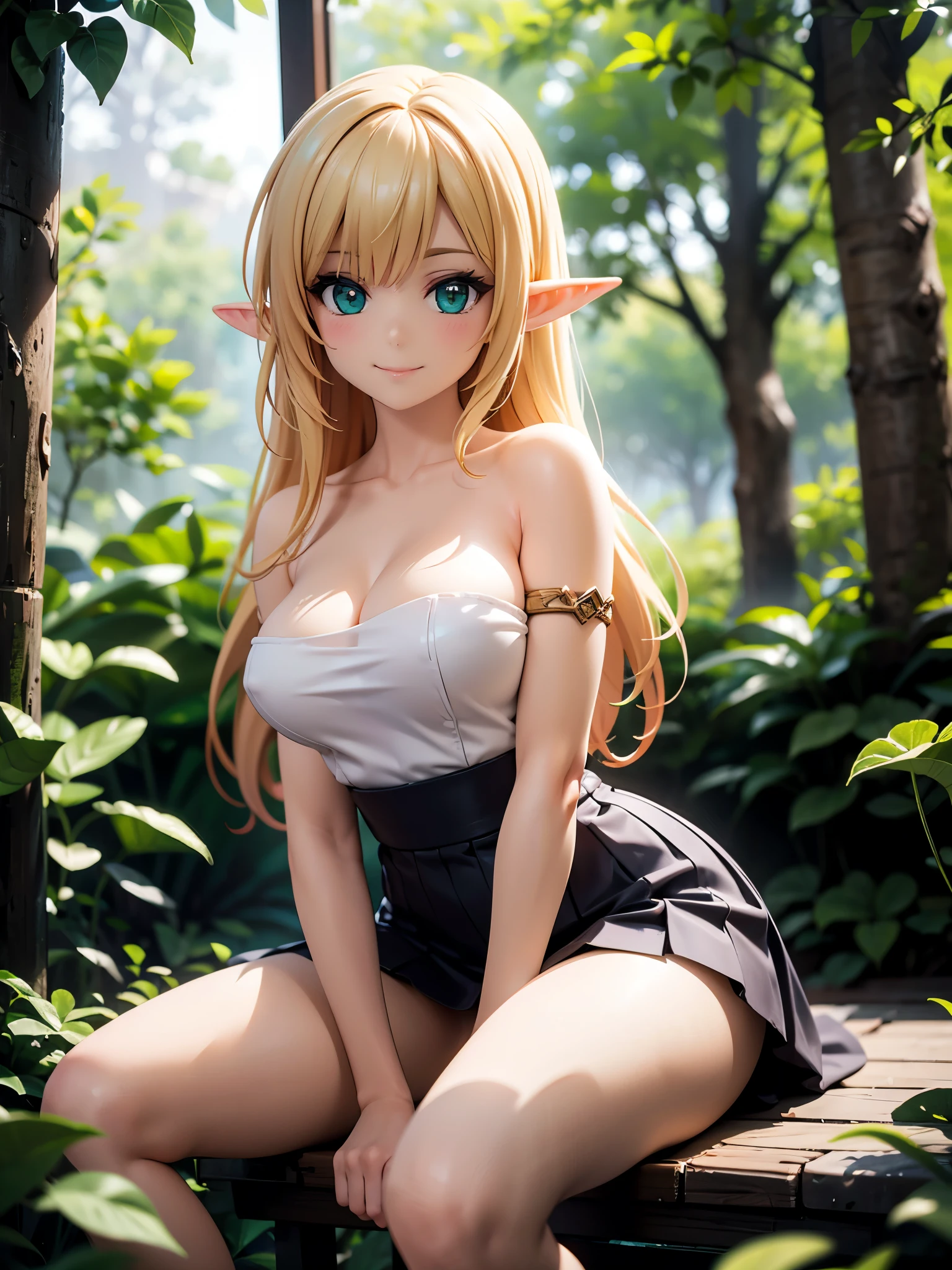 Realistic video, detailed video, coherent video. 1 beautiful elf. She has long hair, blonde hair. Her eyes are green. Smiling expression. She is wearing a strapless top, pleated mini skirt with mid-thigh stockings. She has a curvy body, medium breasts and thick thighs. She is sitting on her knees, arching her back. around a forest, surrounded by flowers. Soft focus, Dramatic shadows, Volumetric lighting, natural lighting,