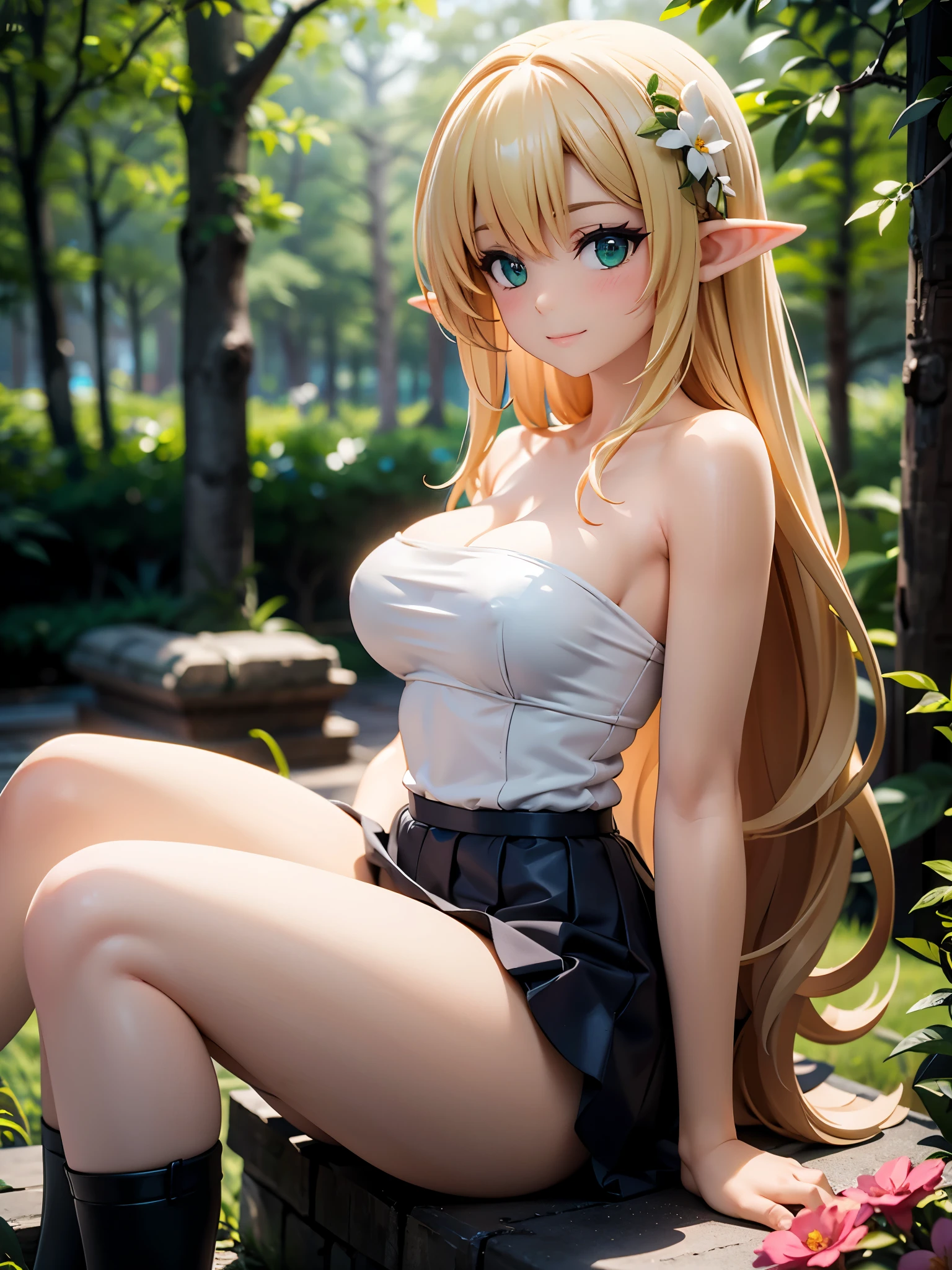 Realistic video, detailed video, coherent video. 1 beautiful elf. She has long hair, blonde hair. Her eyes are green. Smiling expression. She is wearing a strapless top, pleated mini skirt with mid-thigh stockings. She has a curvy body, medium breasts and thick thighs. She is sitting on her knees, arching her back. around a forest, surrounded by flowers. Soft focus, Dramatic shadows, Volumetric lighting, natural lighting,