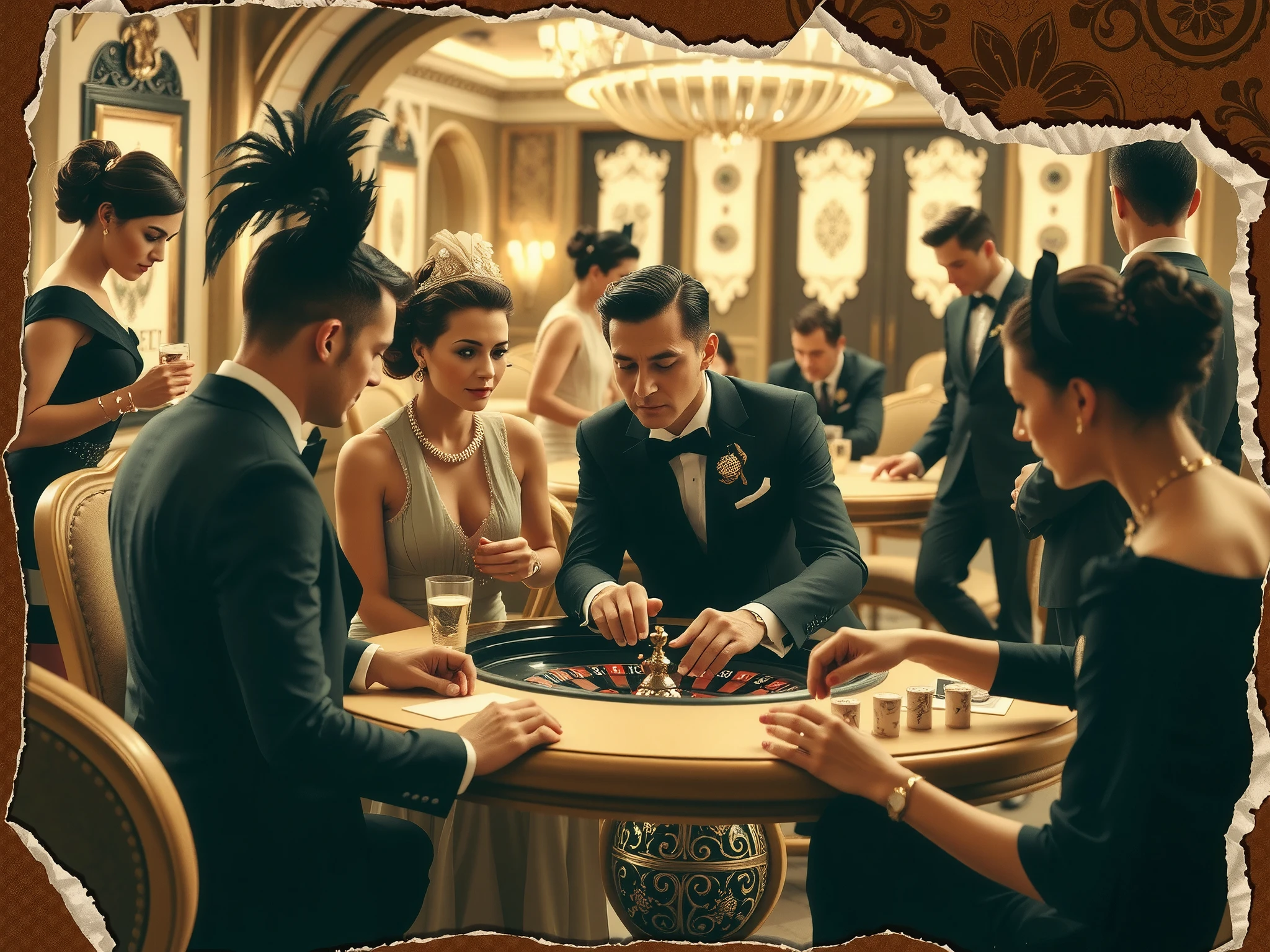 image type: RAW torn photo, sepia monochrome, low quality, film grain
setting: fancy in a luxurious mansion, people playing roulette, black jack and poker tables in blurred background.
time period: 1920s
style: art deco
subjects: men and women dressed to the nines in 1920s attire with 1920s hairstyles, (photo extremely ruined, scratched and torn by time)