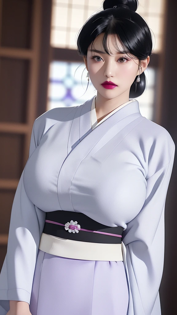 (（（figure，御姐figure,White and tender skin,（（（purple_Kimono,sash, shouji, shrine,japanese_clothes，）））,(（（black hair,Side bangs，Hair bun,lipstick,bangs,Black eyes,））),，((masterpiece)), highres ,((Best quality at best)),masterpiece,quality,Best quality,(（（  to the audience,Light in the eyes）））,Huge breasts,苗条figure,）））