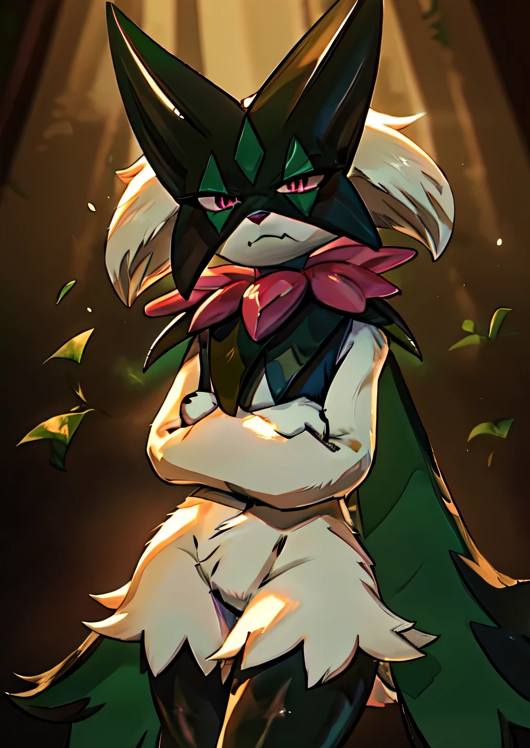 Masterpiece, Medium full shot Portrait, The best quality, the highest picture quality, Detailed, Meowscarada, Pokémon, short snout, detailed eyes,female, solo, arms crossed, narrowed eyes , angry expression, dark forest background