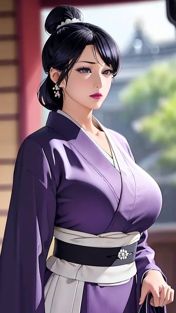 (（（figure，御姐figure,White and tender skin,（（（purple_Kimono,sash, shouji, shrine,japanese_clothes，）））,(（（black hair,Side bangs，Hair bun,lipstick,bangs,Black eyes,））),，((masterpiece)), highres ,((Best quality at best)),masterpiece,quality,Best quality,(（（  to the audience,Light in the eyes）））,Huge breasts,苗条figure,）））