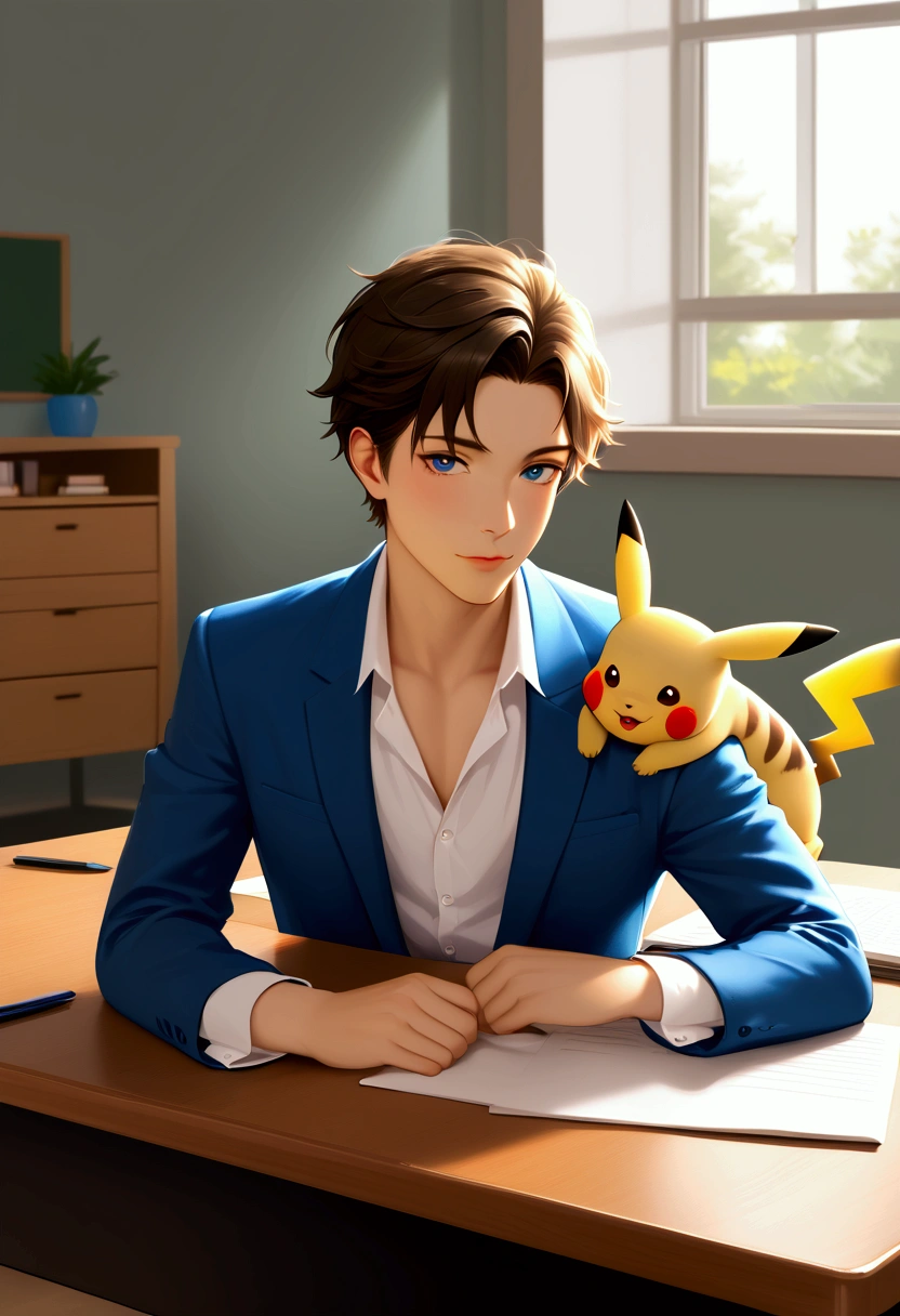 young man studiyng with a Pikachu sleeping on his desk
