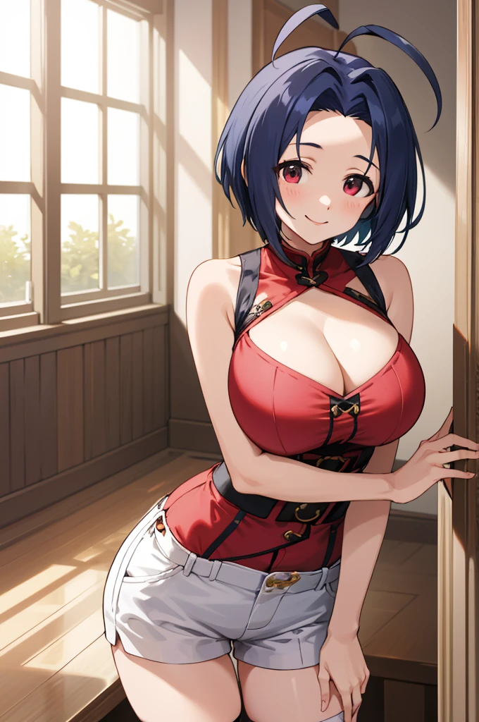 masterpiece, Best Quality,  high definition, Aaazusa,  short hair, Ahoge,  split bangs that show cleavage,  Sleeveless,high waist shorts , thigh high socks smile,  My Room, Mid-waist position ,,Big Breasts　 huge chest　 big breasts at the temple　Busty