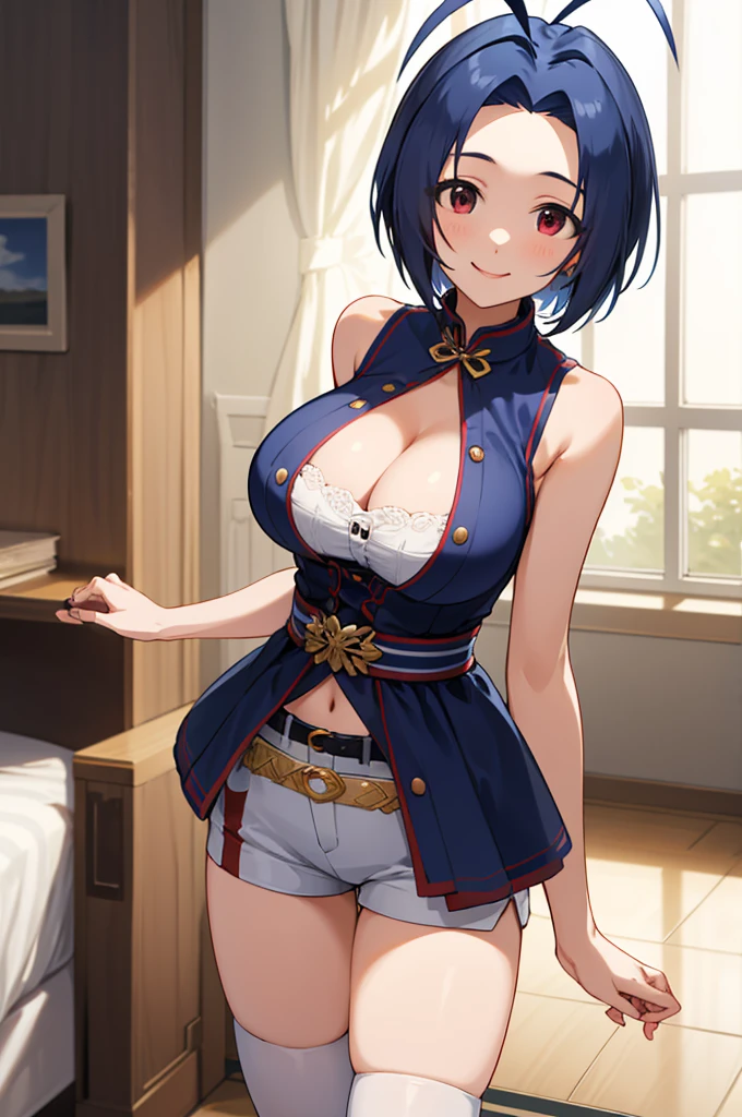 masterpiece, Best Quality,  high definition, Aaazusa,  short hair, Ahoge,  split bangs that show cleavage,  Sleeveless,high waist shorts , thigh high socks smile,  My Room, Mid-waist position ,,Big Breasts　 huge chest　 big breasts at the temple　Busty