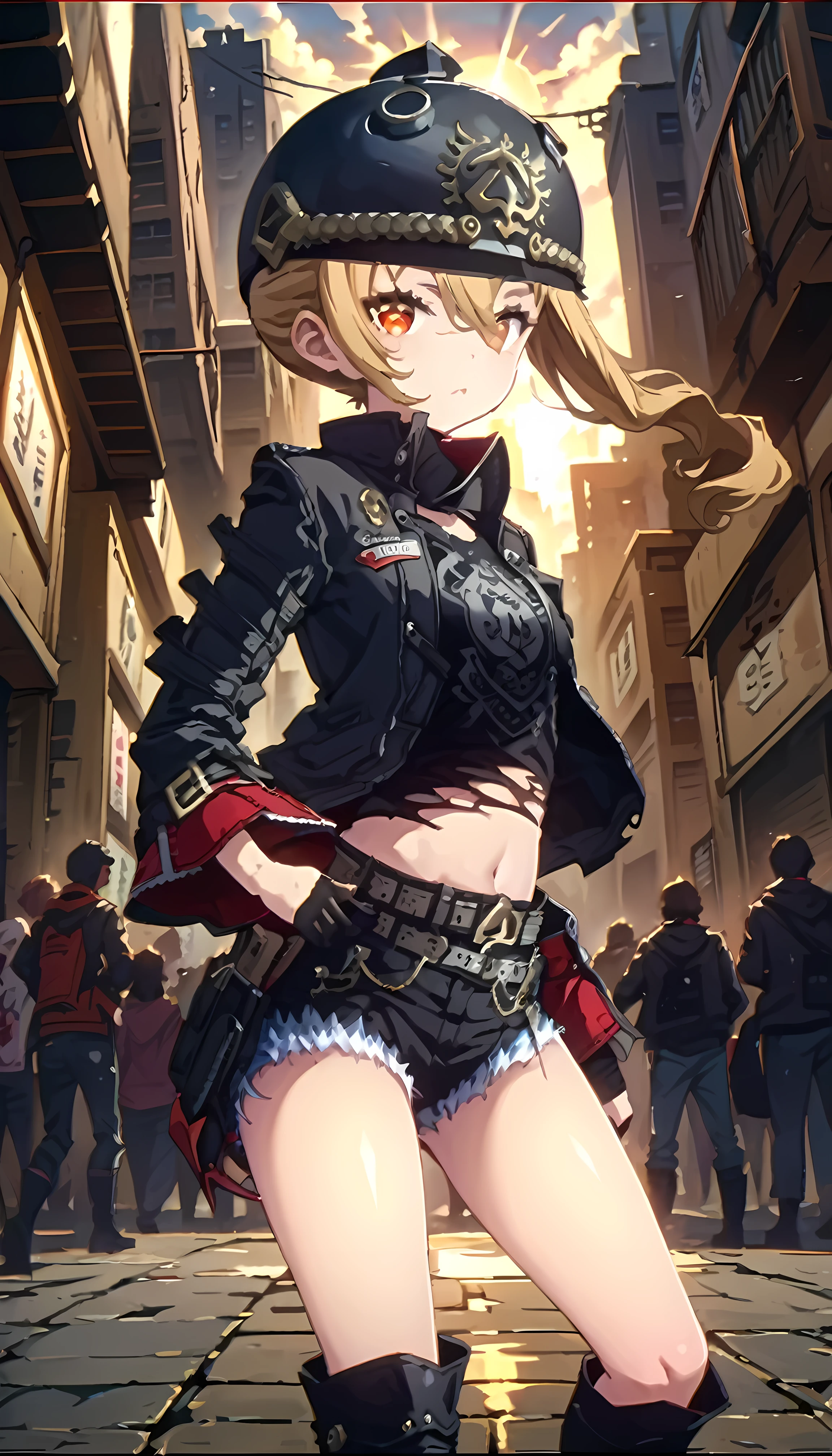 zzzlucy、(A girl about :1.4)、Red eyes、 blond hair、 side ponytail ,  with red fox eyes, ソロ
rest (Motocycle helmet 、 black jacket 、 Long Sleeve 、 open jacket 、Half Gloves、Black Shirt、Crop tops、Mid-Fifth、Black shorts、 denim shorts 、 High Heel Boots 、Knee Boots、 torn shirt :1.4)
rest outdoors, city, null, cloud, sun, architecture, crowd, people々, alley,
rest looking at viewer, ( cowboy shooting :1.5),
rest (masterpiece:1.2), Best Quality,  high definition,  unity 8k Wallpaper , (Illustration:0.8), (beautiful deふとももed eyes:1.6), extremely deふとももed face, perfect lighting, extremely deふとももed CG, (Perfect hands,  perfect anatomical structure),