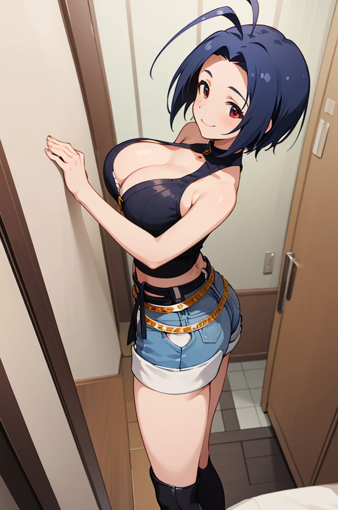 masterpiece, Best Quality,  high definition, Aaazusa,  short hair, Ahoge,  split bangs that show cleavage,  Sleeveless,high waist shorts , thigh high socks smile,  My Room, Mid-waist position ,,Big Breasts　 huge chest　 big breasts at the temple　Busty　 side view