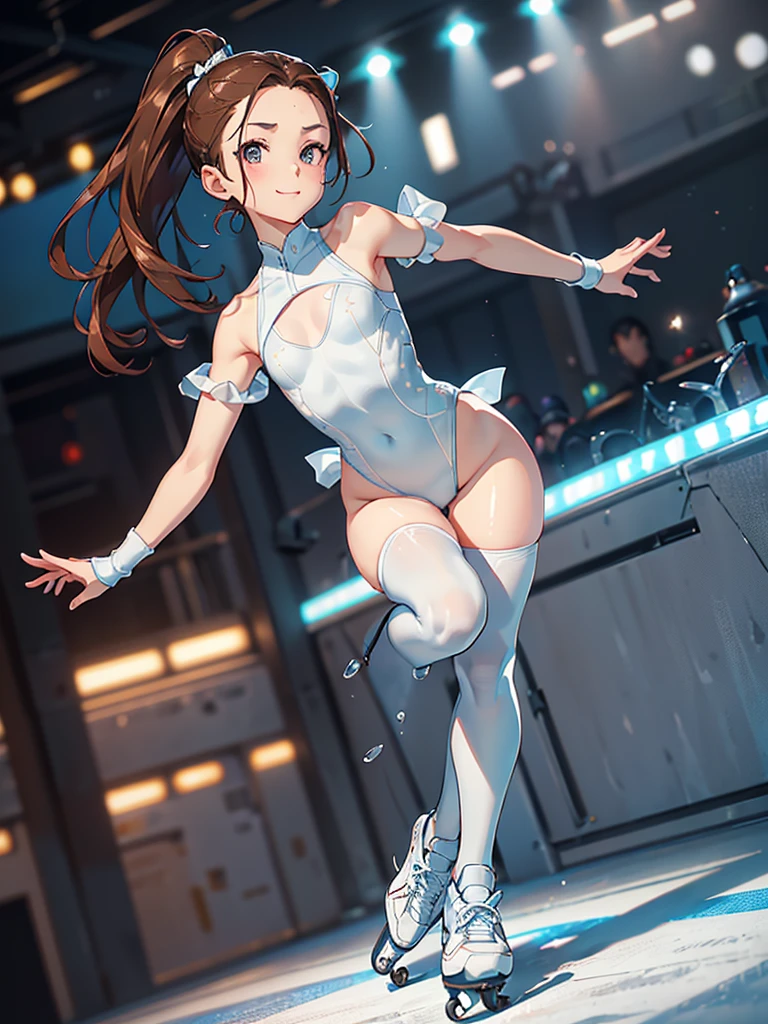 (nsfw:1.1), (extremely cute illustration:1.1),brown hair, brown eyes, long hair, twintails, hair ornament, arms behind head, armpits, embarrassed, crying hard, sleeveless, detached sleeve, bedroom, seducing, squatting, spread legs, pantyhose, gorgeous orange and blue colored idol costume with lots of frills, sleeveless, detached sleeve, open chest, baby face, cute round face,