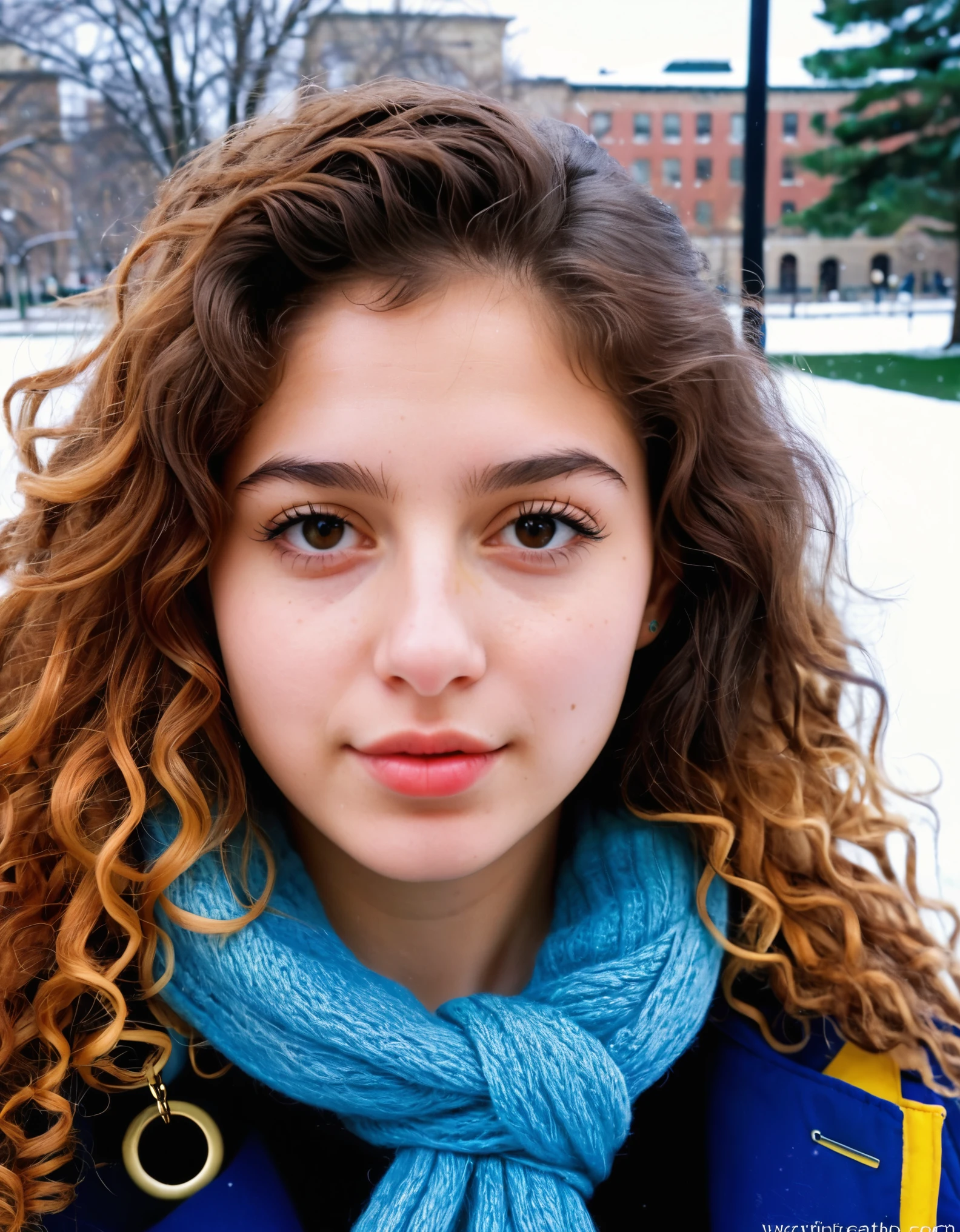 (indistinguishable from reality:1.4), 1girl, selfie, An half portrait of a beautiful 25 y.o New York Italian college student, (detailed facial features), (freckles:0.2), (acne:0.1), long thick luxurious curly hair, beautiful Jewish nose, shy smile, walking on University campus, winter, snowfall, ultra detailed texture winter coat, bright primary colors, Nikon FM2, 35mm SLR