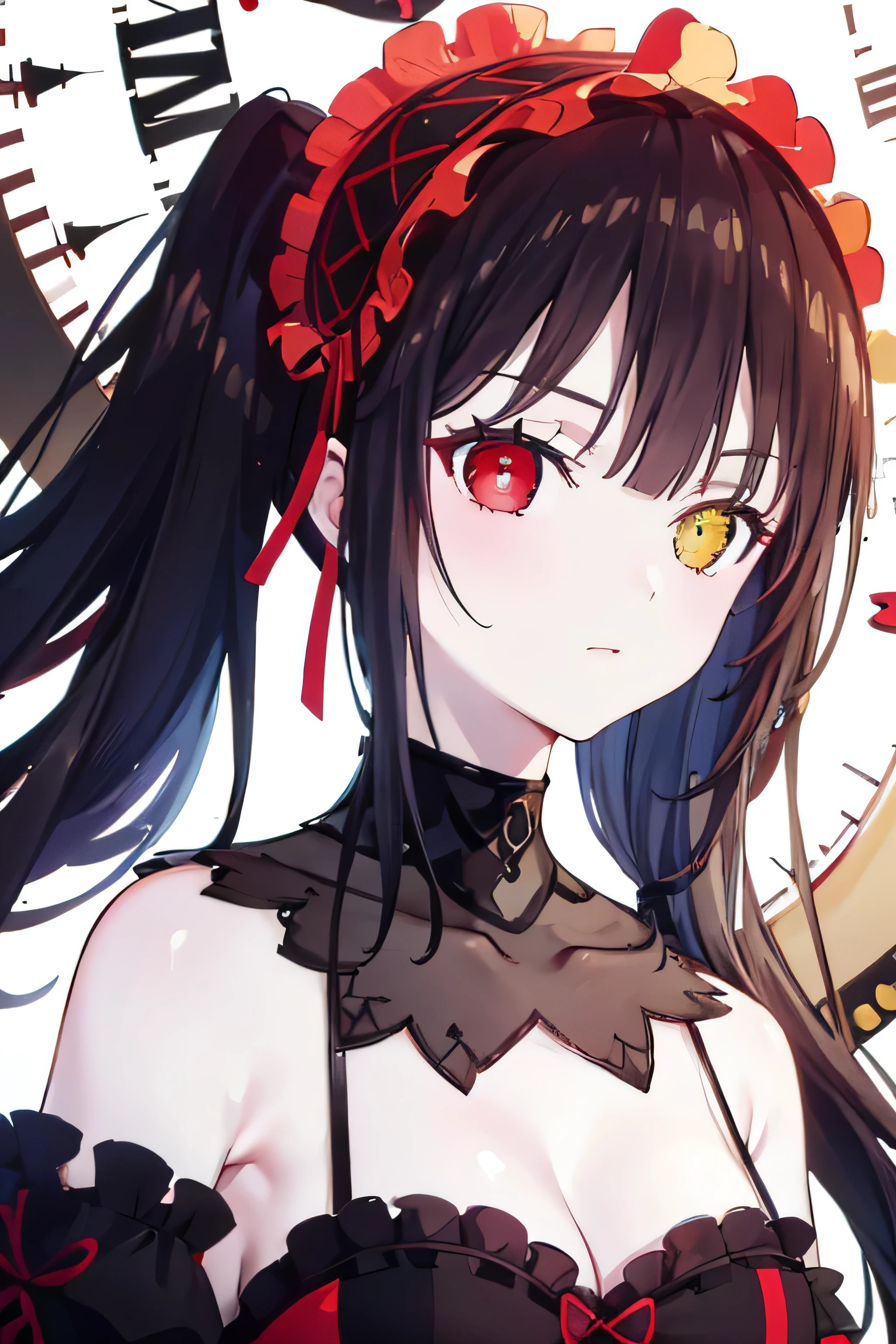 ((masterpiece, highest quality)), One girl, Beautiful fine details, detailed_face, (whole_body), opal_eyes, detailed eyes, glowing eyes, tokisaki_kurumi, twintails, clock_eyes, long_hair, black_hair, yellow_eyes, red_eyes, heterochromia, cleavage, hairband, ****ta_fashion, ****ta_hairband, symbol-shaped_pupils, floating_hair, collarbone, choker, ribbon, bare_shoulders, red_ribbon, dress