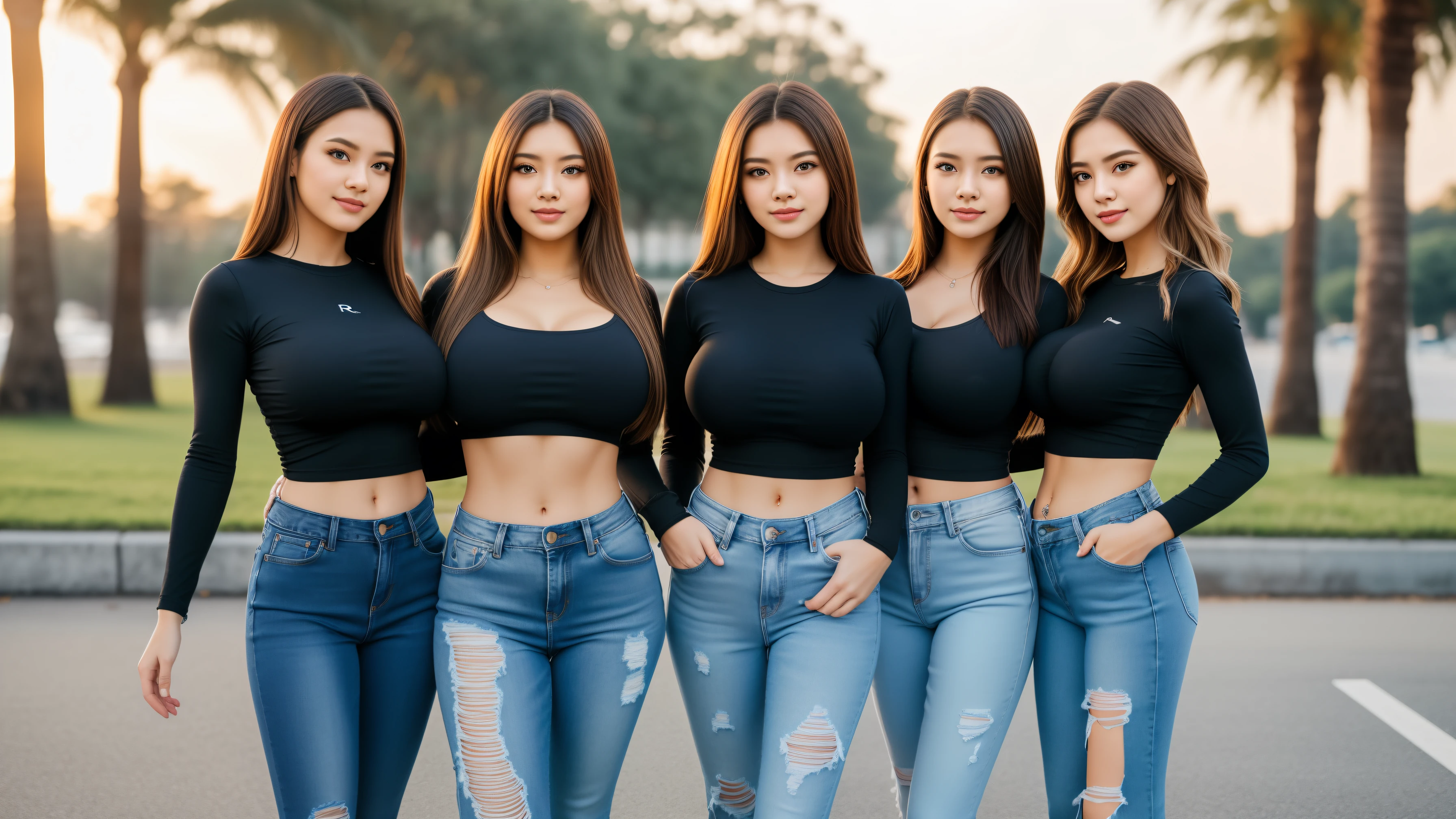 tmasterpiece,best qualtiy,hdr, hyper HD, 8K,Bokeh,Ultra-fine painting,Sharp focus,Physically-based rendering,Extreme detail description, (EOS R8, 50 millimeters, F1.2, 8K, RAW photo:1.2), full bodyshot, looking at viewer, (big breasts:1.3), sexy smile, random hairstyles, Three_females, 18_years_old, tight ripped jeans, tight top, side_boob, outside, 3women, 3girls, entire body in frame, tight long sleeve tshirt no logo, faces in frame