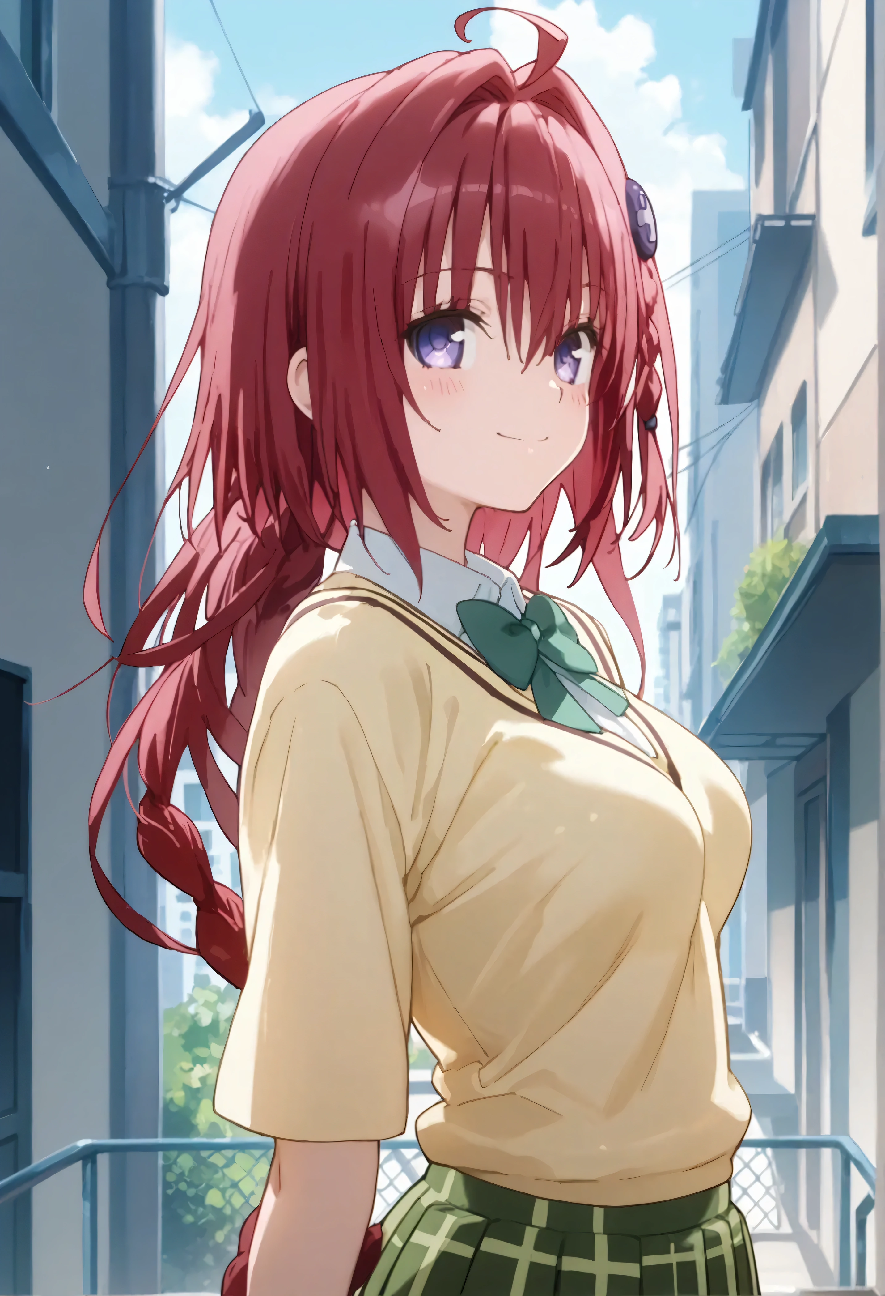 score_9,score_8_up,score_7_up, official art,solo,outdoors,upper body,(portrait:1.5),looking at viewer,facing viewer,smile,blush,Kurosaki Mea,ahoge,very long hair,red hair,hair intakes,hair ornament,braid,hair between eyes,bangs,purple eyes,school uniform,sweater vest,yellow vest,white shirt,collared shirt,green bowtie,short sleeves,medium breasts,miniskirt,green skirt,plaid skirt,pleated skirt,black socks,loafers