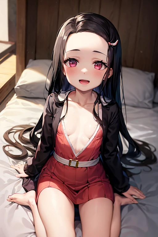 ((Best Quality)), ((masterpiece)), (be familiar with),  perfect face, indoor, bedroom,  watching viewers,
One woman, Kamado Nezuko,
 characters with open mouth ,  ecstatic expression , blush, smile,
Small breasts,  flat chest, , ,  kids, Girl,
Long Hair,  long hair ,
Leg spread,