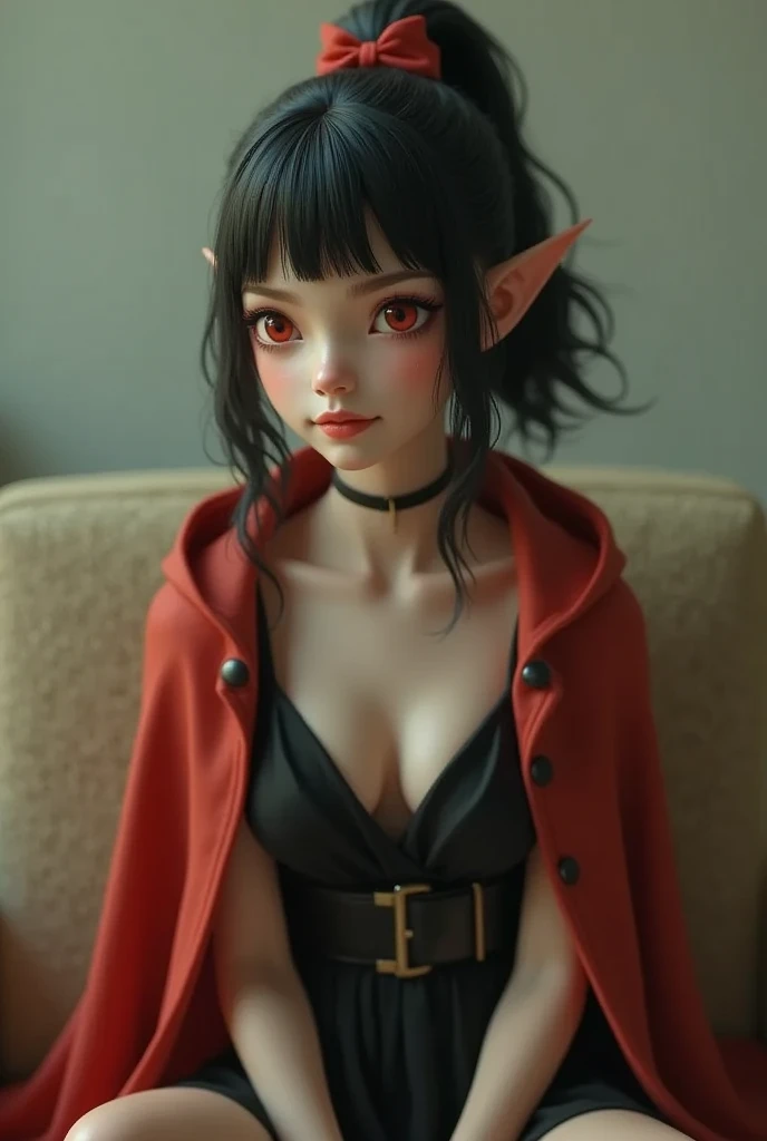 Super realistic illustration, Cinema 4D rendering, 1 girl, solo, detail face, fine skin, detail eyes, beautiful eyes, full body, sitting on a sofa, (vampire fang), smile, black hair, blunt bangs, short ponytail with big red ribbons, red eyes with snake pupils, pointy ears, black sundress with red cloak, high leather boots, simple background