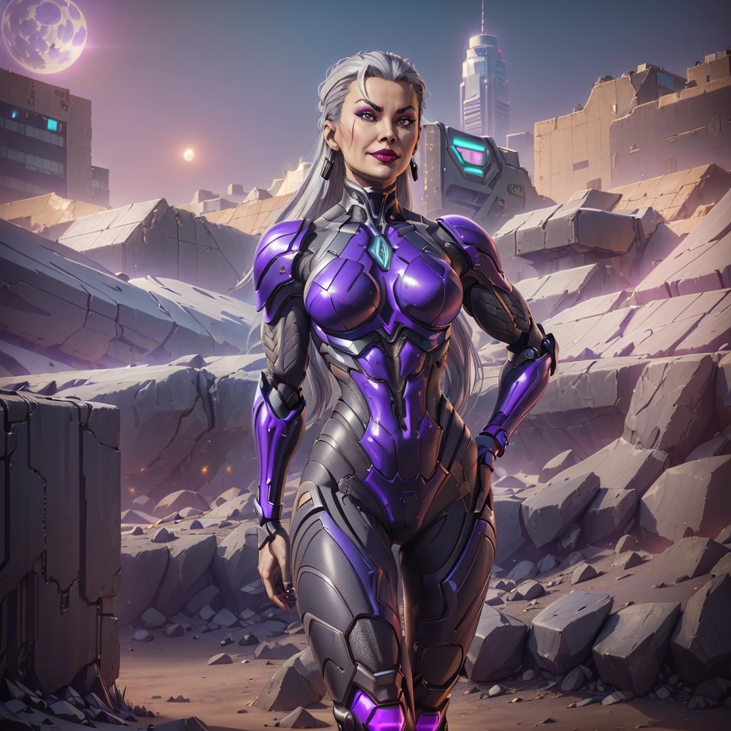 ((1girl, solo ,alone, ((sindel, black eyes, mortal kombat, gray hair, gray highlighted hair, slicked back hair, long hair)), painted nails, gold bracelets, ruby earrings)), ((solo, 1woman, pink lipstick, Extremely detailed, ambient soft lighting, 4k, perfect eyes, a perfect face, perfect lighting, a 1girl)), austere, ((fitness, , shapely body, athletic body, toned body)) , ((seamless image fusion, best quality, super fine, extremely detailed, delicate and dynamic, cool and militant combatants, wearing hologram armored combat suits that fit tightly to the body and blend into the surrounding scenery, iridescent, background in the same color as the combat uniform, background Iridescent city, woman, cyber armor, smug, smug smile, framing against diving, cyberpunk city, armor, bodysuit, mecha, robot, purple armor, purple and black armor suit, night, full moon, stars, jade, red lipstick, ice))