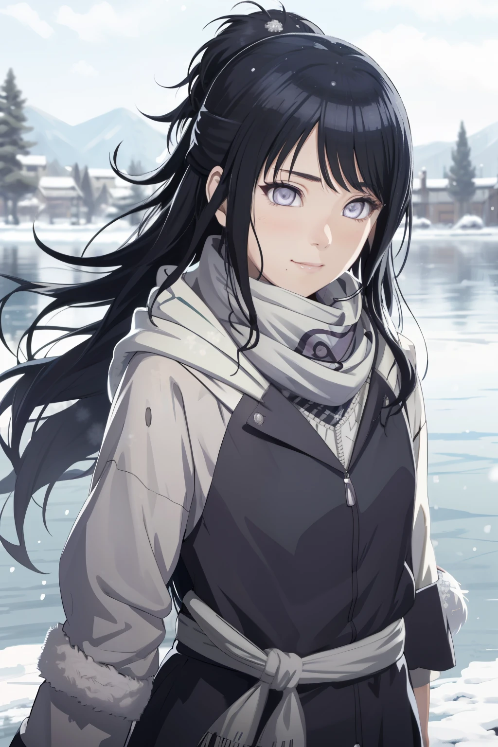 an hiperealistic shot of hinata(shippuden), ((hiori kazano)), idolmaster, Detailed eyes, long hair, ponytail, half updo, hair ornament,, (sweet woman), manwha style, princess dress, little smile, ((scarf)), (((winter))), snowing, skating on a frozen lake
