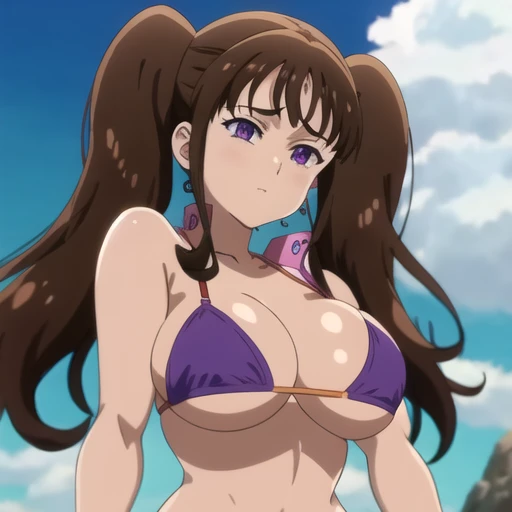 1girl, solo, purple eyes, brown hair, seven deadly sins, diane, twintails, giantess, giant, long hair, bikini Large breasts, 