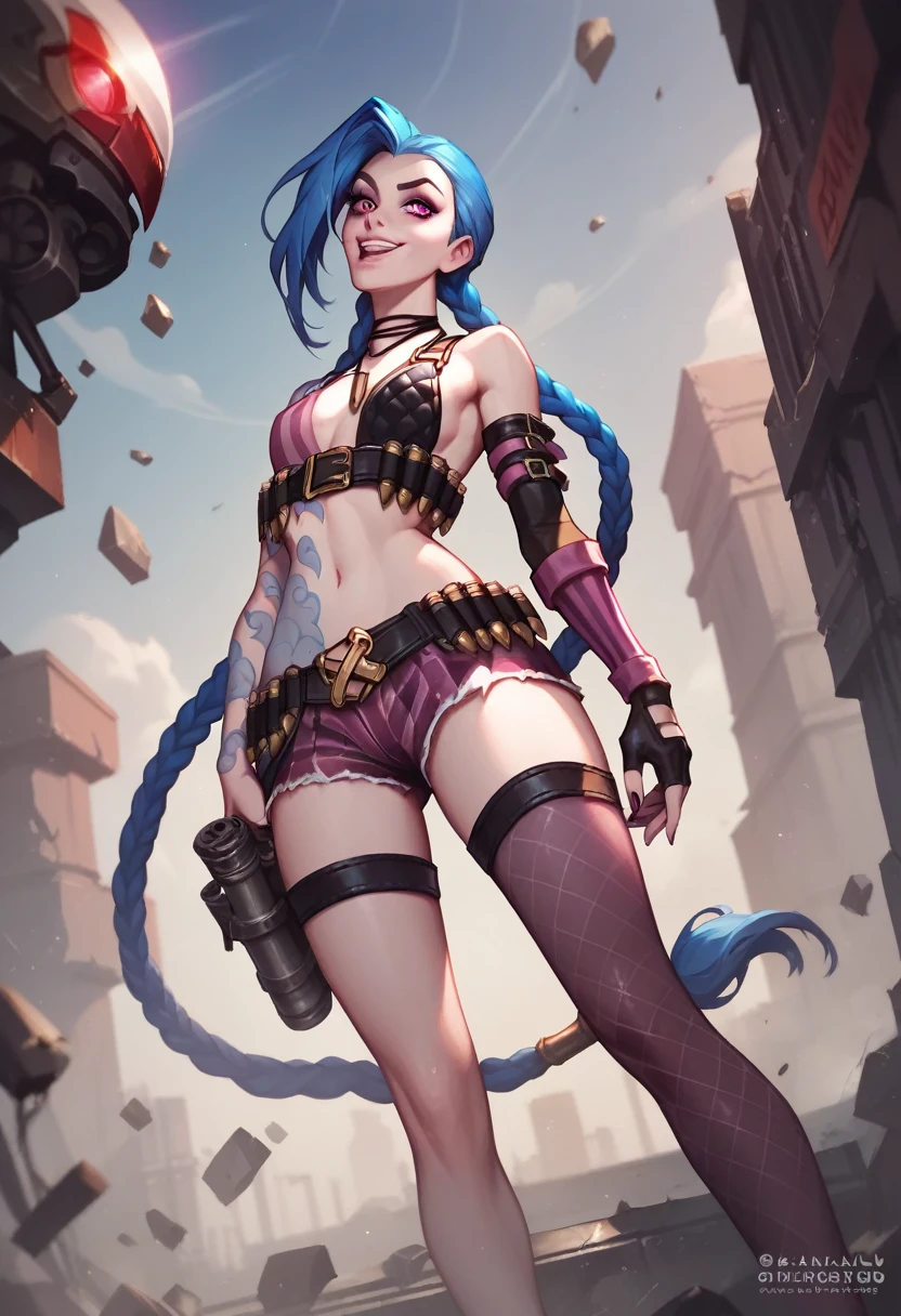 (masterpiece, best quality,top quality),(wide shot:0.95),leagueoflegends,all in one,Jinx,Dynamic angle,1girl,solo, highly detailed, concrete,exquisite clothing, beautiful appearance