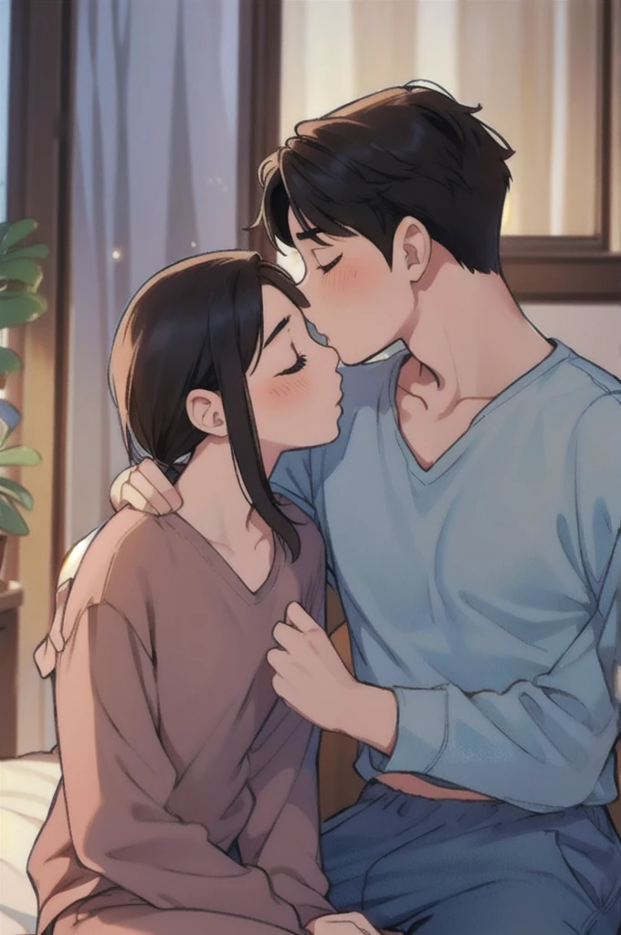 Concept art,love themes,illustrations,1boy,1girl,kiss,hetero,brown hair,closed eyes,topless male,blush,black hair,pajamas,blue pants,long hair,sitting,collarbone,pants,couple,indoors,medium hair,blurry,shirt,hand on another's shoulder,long sleeves,hand on another's chest,short hair,