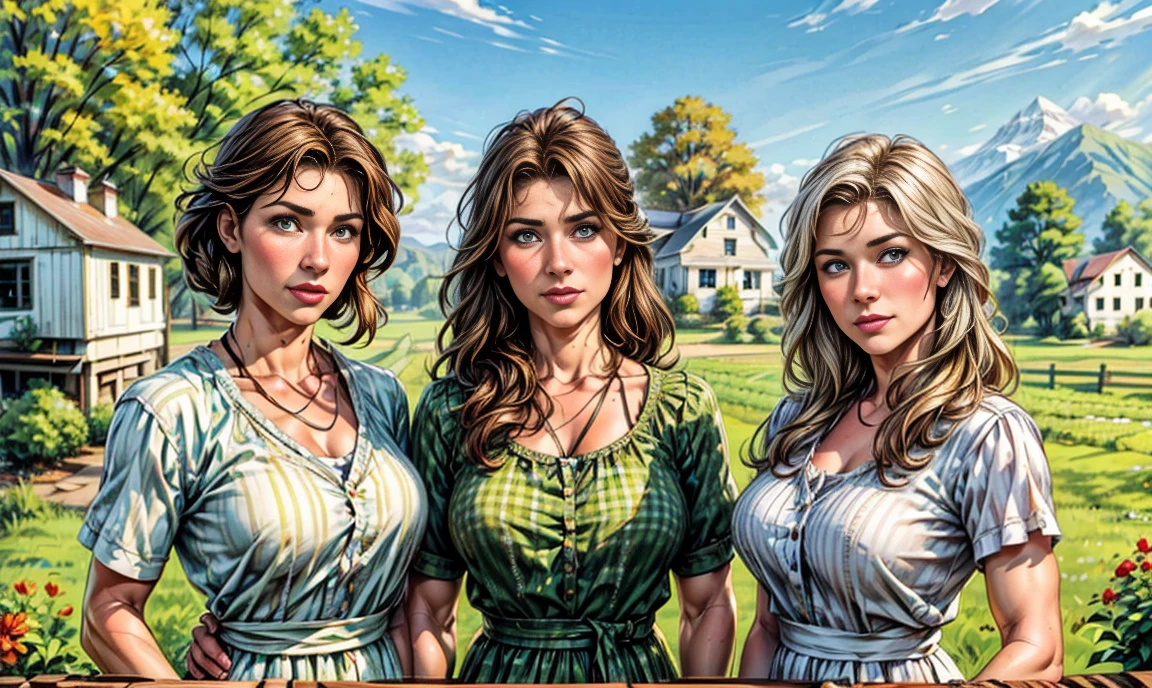 a close-up of 3 gorgeous uniquely different Caucasian farming sisters and a handsome stern muscular father. all are dressed for the farm and standing on the porch of a beautiful white heritage farmhouse in the mid-west on a sunny afternoon, looking at you.