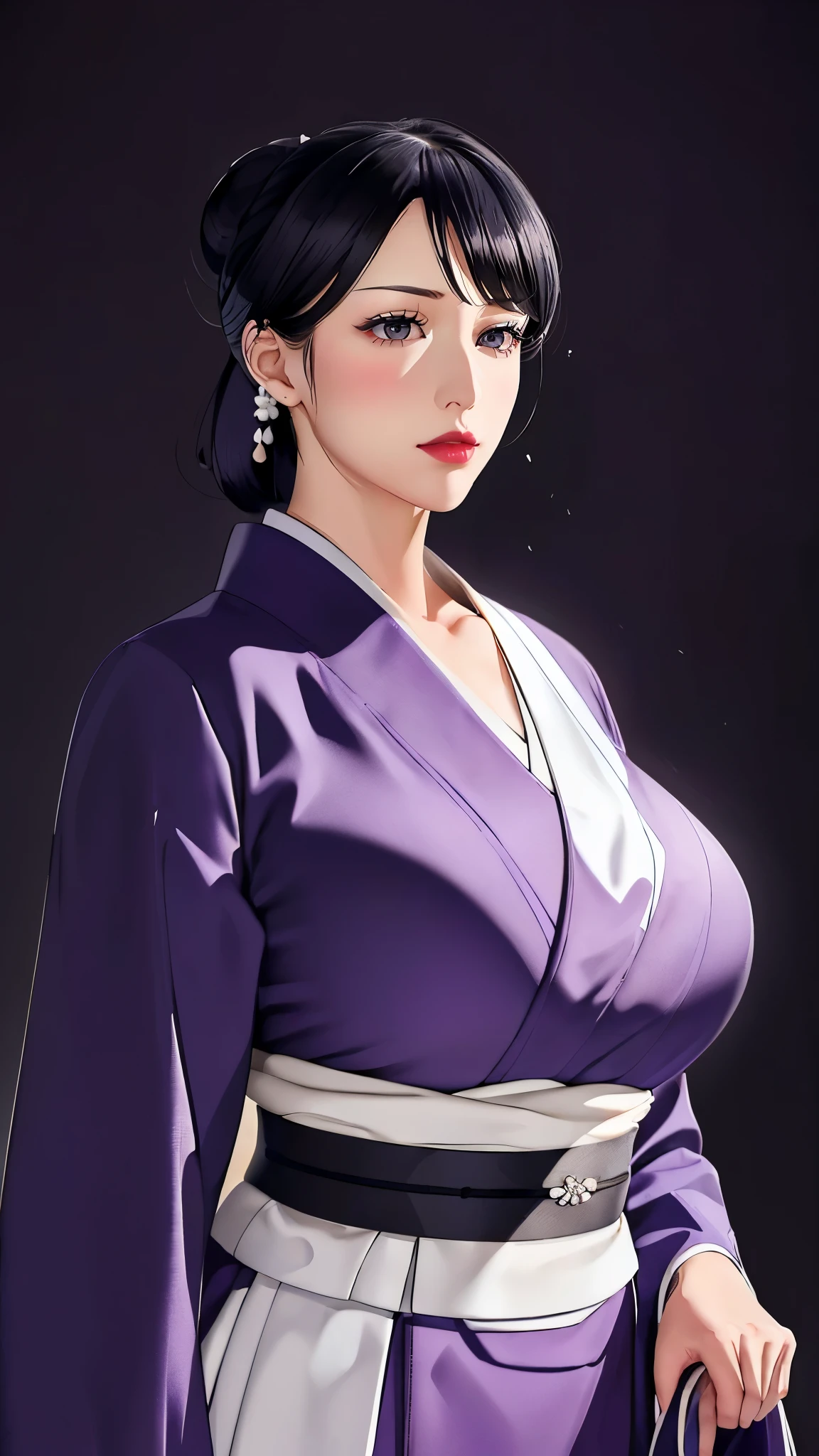 (（（figure，御姐figure,White and tender skin,（（（purple_Kimono,sash, shouji, shrine,japanese_clothes，）））,(（（black hair,Side bangs，Hair bun,lipstick,bangs,Black eyes,））),，((masterpiece)), highres ,((Best quality at best)),masterpiece,quality,Best quality,(（（  to the audience,Light in the eyes）））,Huge breasts,苗条figure,）））