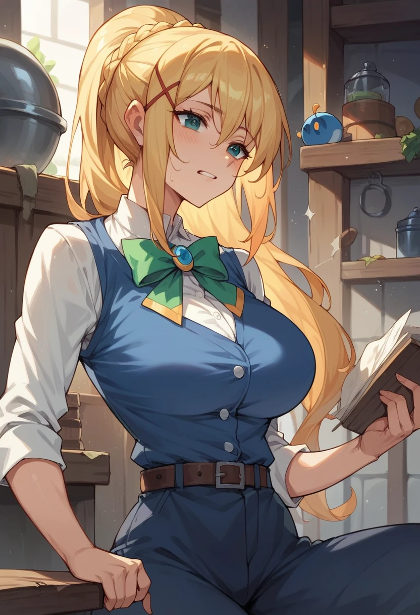 Luna Konosuba , very large breasts, blonde, Working at Taverna