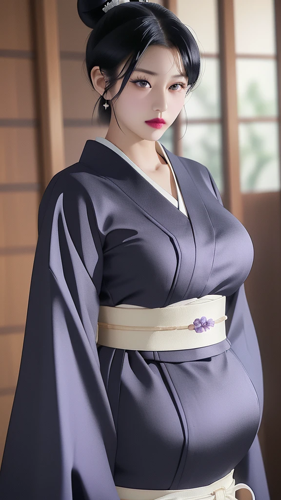 (（（figure，御姐figure,White and tender skin,（（（purple_Kimono,sash, shouji, shrine,japanese_clothes，）））,(（（black hair,Side bangs，Hair bun,lipstick,bangs,Black eyes,））),，((masterpiece)), highres ,((Best quality at best)),masterpiece,quality,Best quality,(（（  to the audience,Light in the eyes）））,Huge breasts,苗条figure,）））