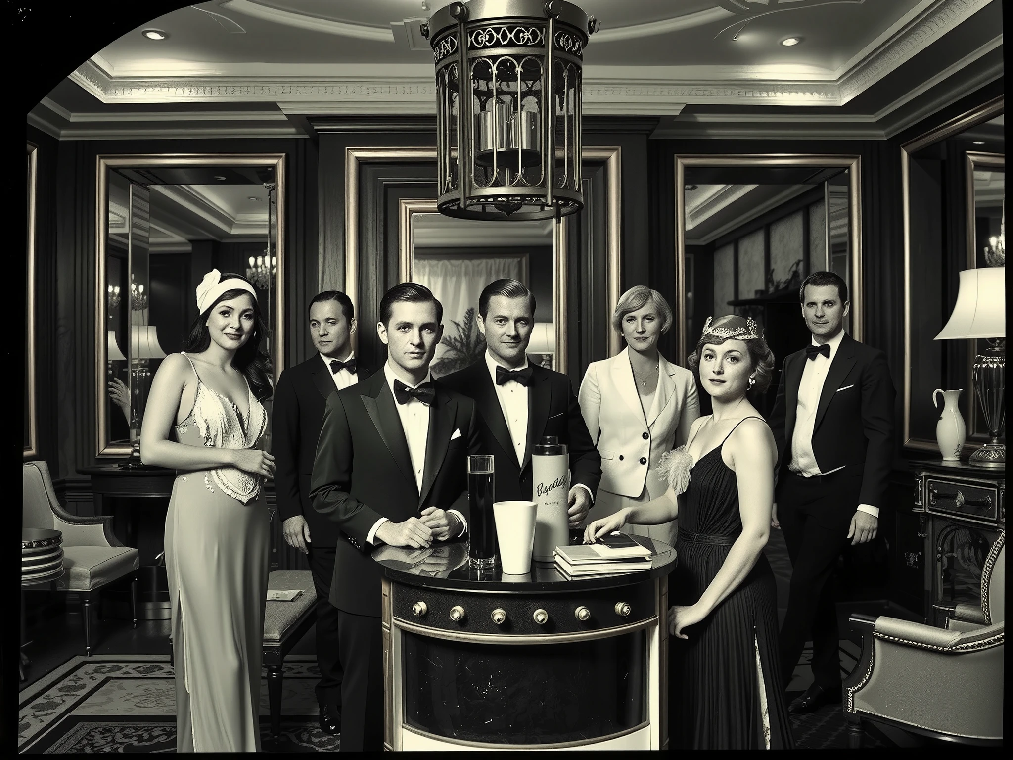 image type: RAW photo, monochrome, low quality, film grain
setting: fancy  in a luxurious mansion
time period: 1920s
style: art deco
subjects: men and women dressed to the nines in 1920s attire with 1920s hairstyles, (photo ruined, scratched and torn by time)