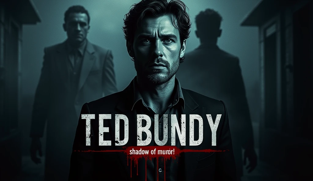 Prompt: "Create a documentary-style promotional image based on a crime story. The center of the image will have a close-up shot of a traditionally dressed man named Tred Bundy, who is in black-and-white and has a serious expression. More on the back  There will be a faded, blurred image of the serial killer that will create a mysterious atmosphere. The title will be written in large English typography with the tagline 'Ted Bundy' in a red box below, and the shadow of murder!  will be added, which will increase the tension. The background of the picture will have a mixture of dark blue and black, which will convey a serious and intense feeling.